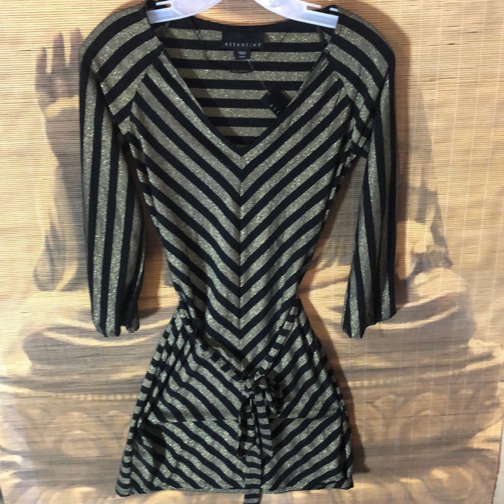 NEW Dress Women’s XS Sparkly shiny gold black holiday with tie stripes NWT